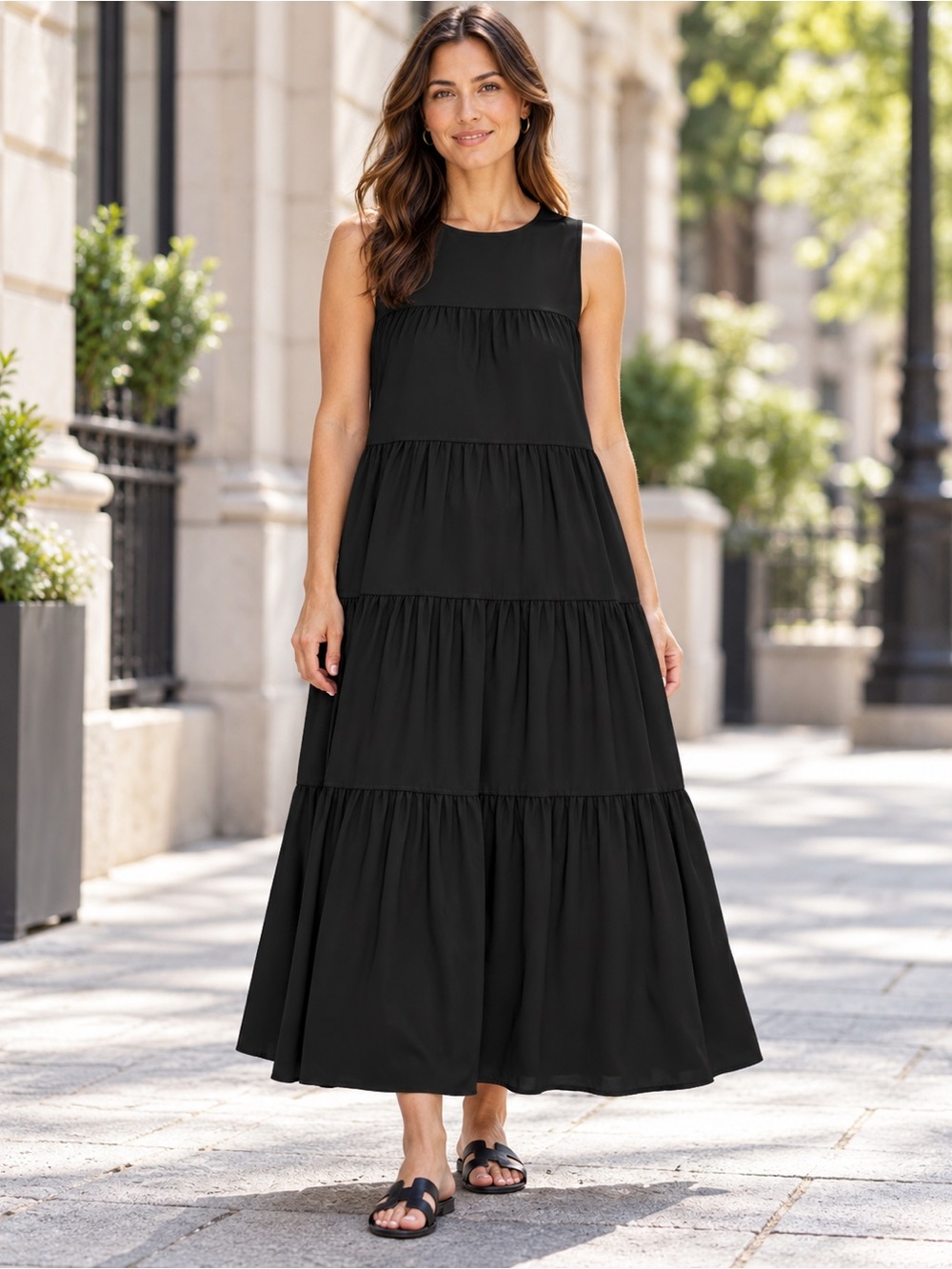 Max Studio Black Sleeveless Tiered Maxi Rayon Dress Size XL